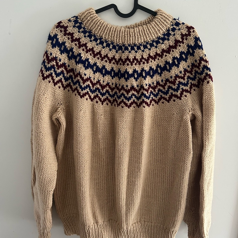 Homemade Brown and Blue Knitted Winter Sweater skiing size Medium